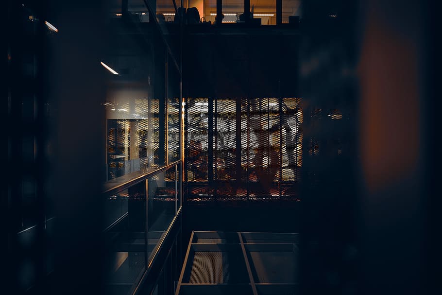 a dark room with clear glass wall panel, untitled, graffiti, building HD wallpaper
