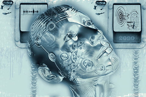 human head computer background, cyborg, forward, digitization HD wallpaper