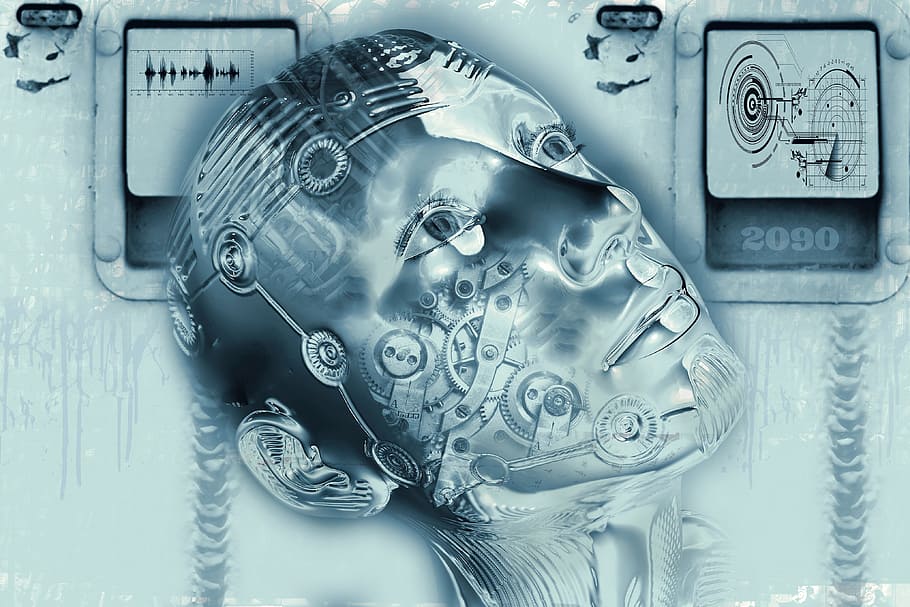 human head computer background, cyborg, forward, digitization HD wallpaper