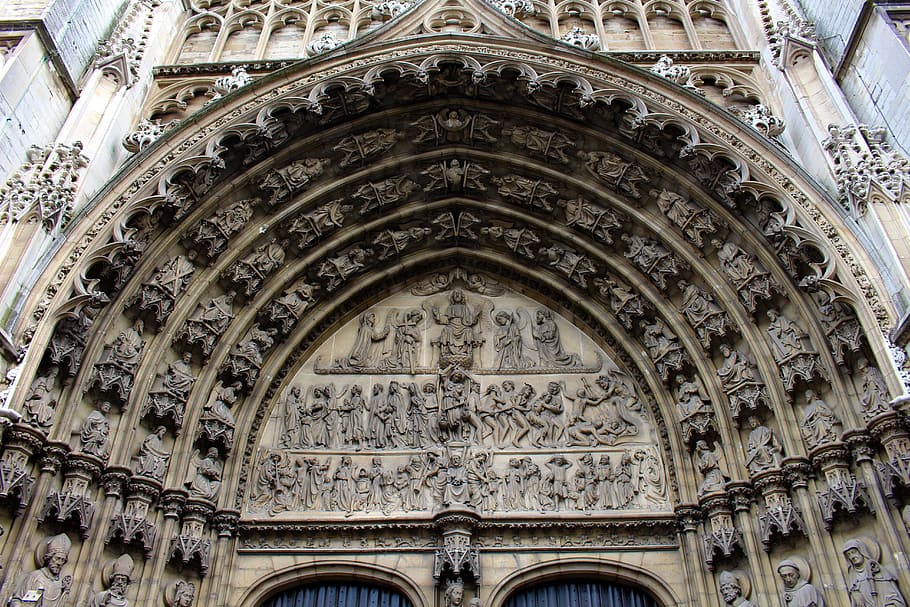 religious statue embossed arch, cathedral of our lady, antwerp, HD wallpaper