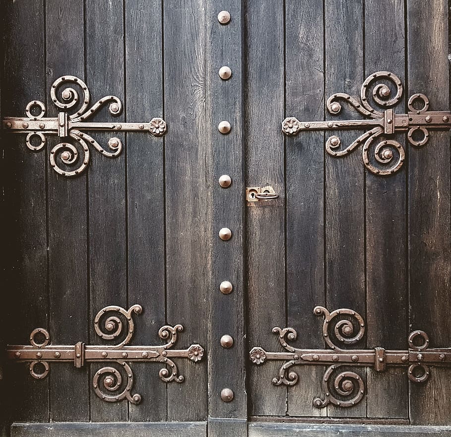 gray wooden door, goal, portal, input, clam kidney, fittings, HD wallpaper