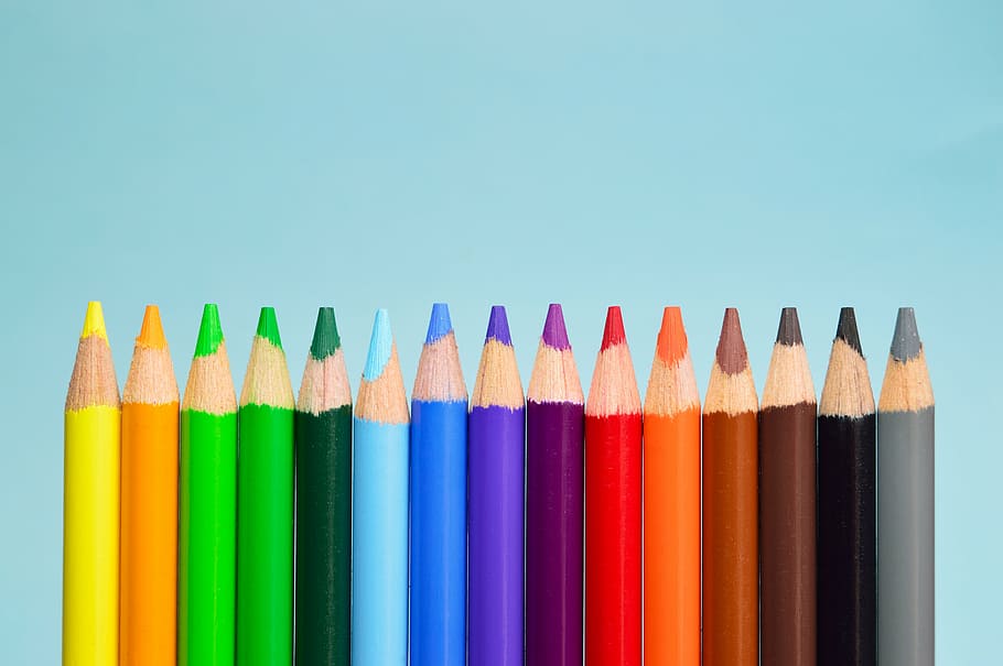assorted-color pens, green, art, wood, sharp, pencil, group, blue, HD wallpaper