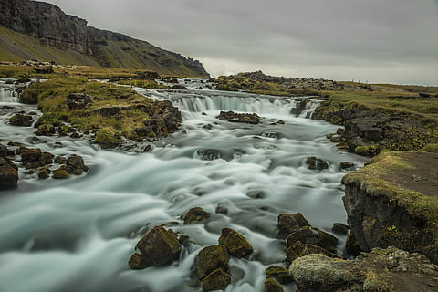 body of water between rock formation, waters, nature, waterfall HD wallpaper
