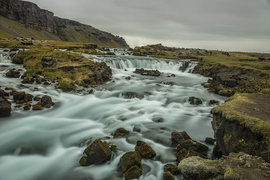 body of water between rock formation, waters, nature, waterfall HD wallpaper