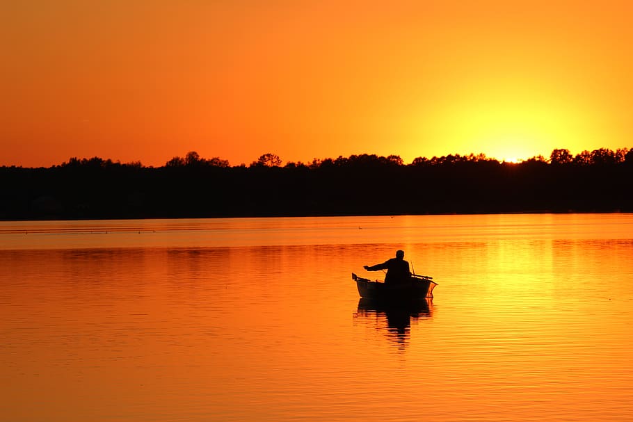 HD wallpaper: sunset, lake, landscape, mood, fishing, silhouette