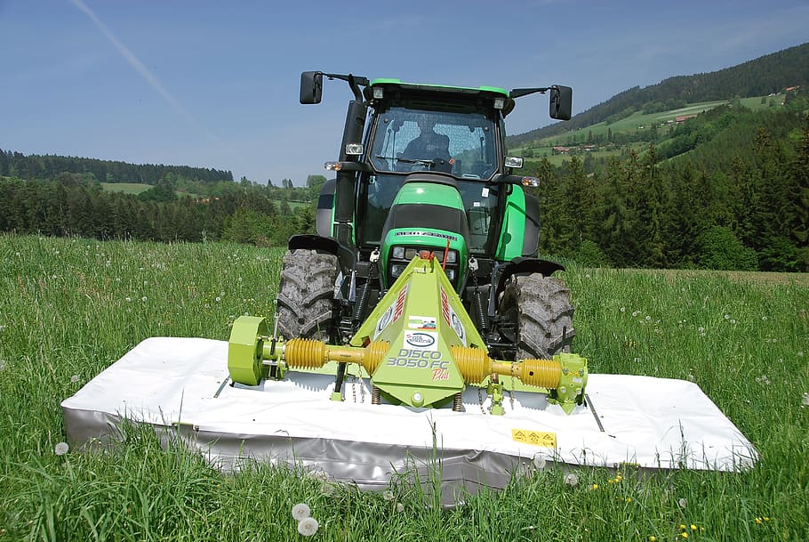 grass mowing, tractor, field, plant, land, nature, green color HD wallpaper