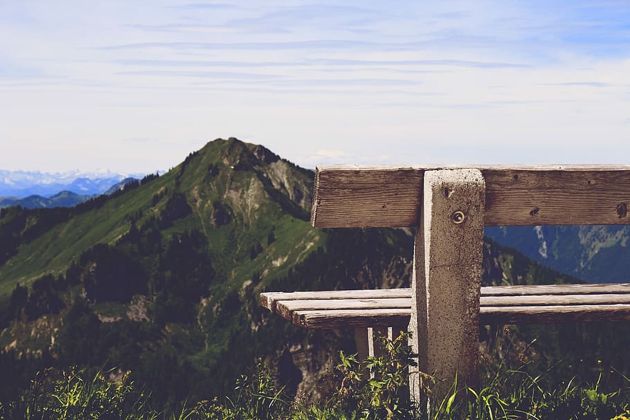 Bank, Mountain, View, Relax, Sit, Sky, sun, wood - material HD wallpaper