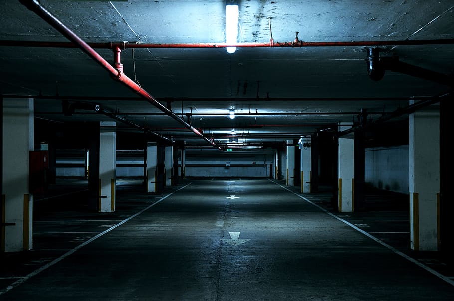 photo of empty car park, dark, lights, parking lot, architecture