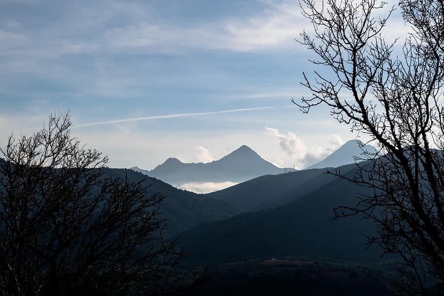 mountain, highland, summit, dark, sunrise, sunset, tree, plant HD wallpaper