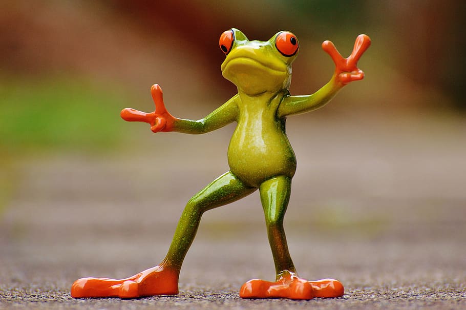 green and orange frog figurine, gesture, peace, funny, cute HD wallpaper