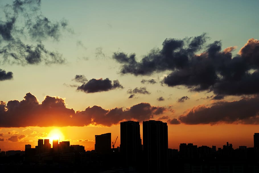 sunset, cloudy, silhouette, america, architecture, skyline HD wallpaper