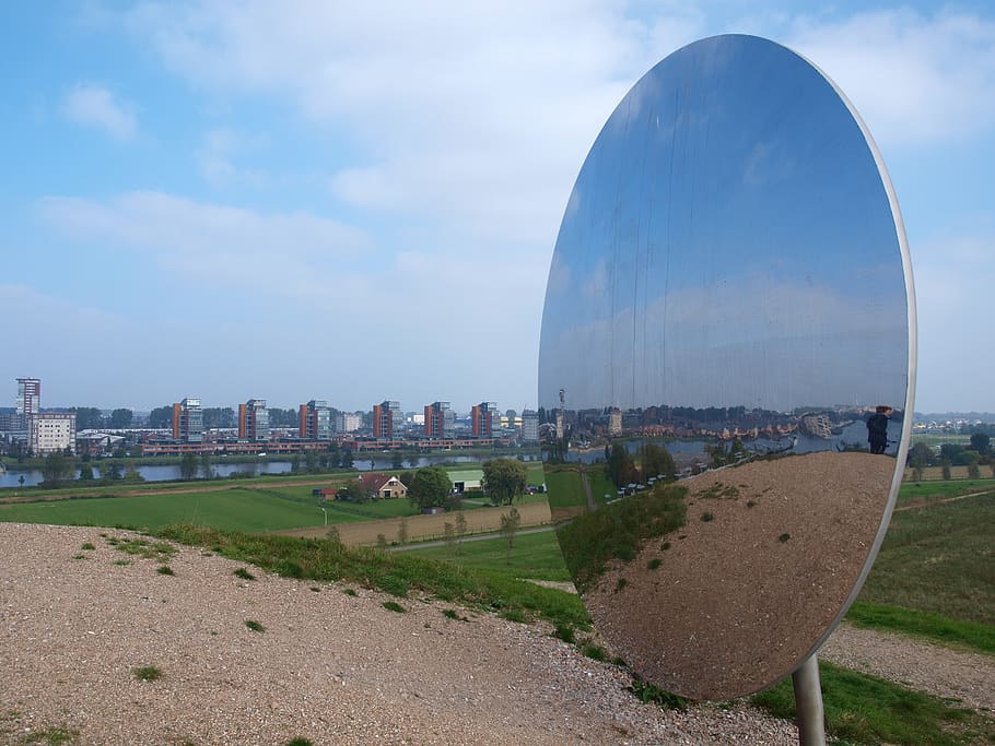 mirror, circle, flip, reflection, sky, building exterior, built structure HD wallpaper