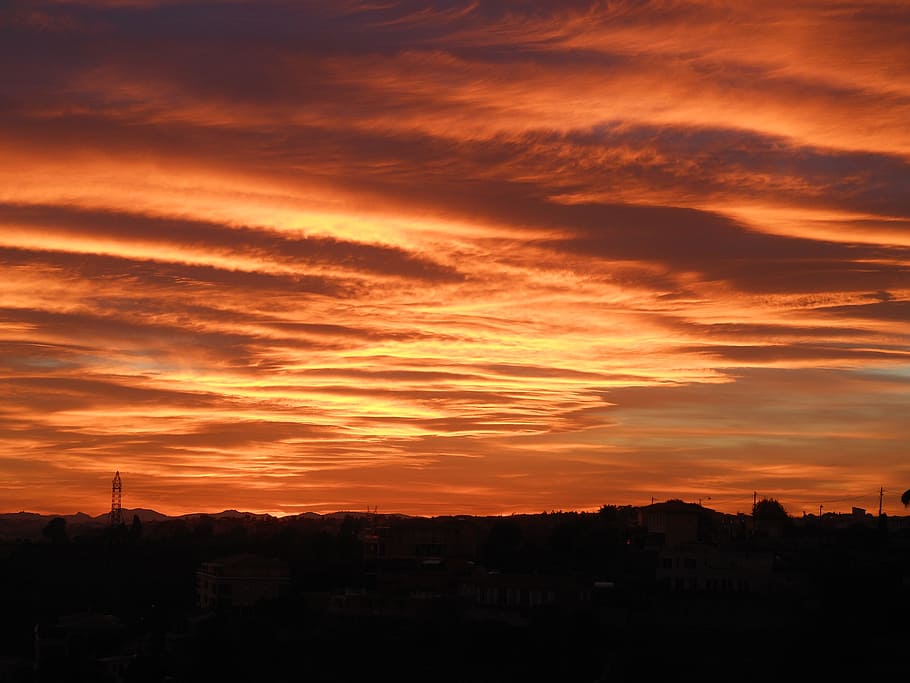 red sky, horizon, sun, clouds, architecture, sunset, building exterior HD wallpaper