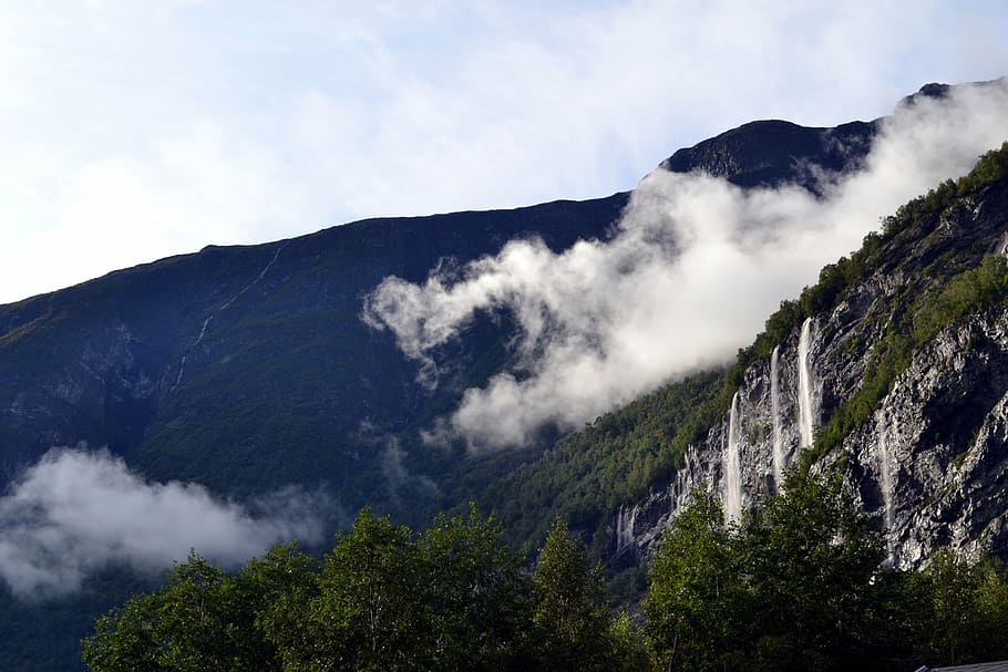 waterfall, view, nature, landscape, mountains, top view, sky HD wallpaper