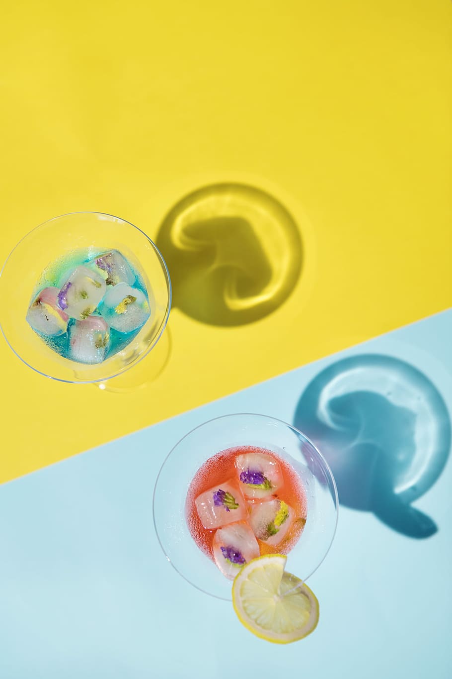 flay lay photography of two clear drinking glasses, ice, topdown HD wallpaper