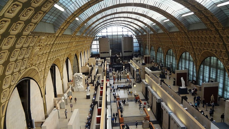 people on waiting area, d'orsay, paris, museum, arch, architecture HD wallpaper