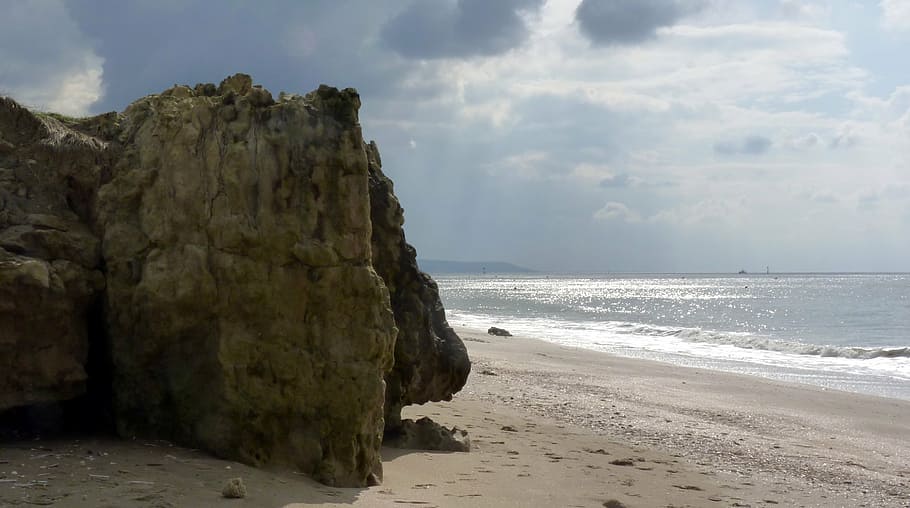 beach, sand, rock, sea, sky, clouds, land, water, cloud - sky HD wallpaper