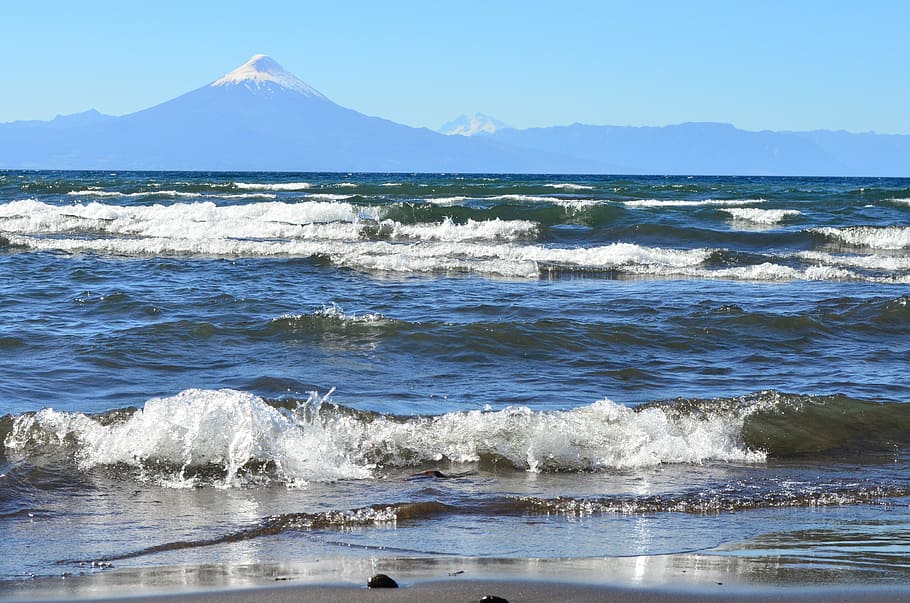 landscape, lake, waves, volcano, chile, osorno, water, sea HD wallpaper