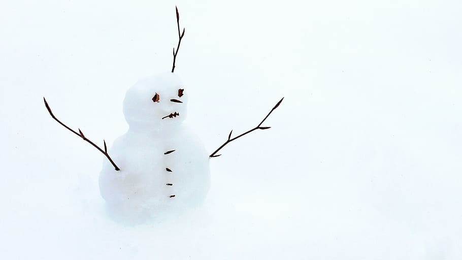 snowman with twig arms, snow man, winter, snowmen, white, cold, HD wallpaper