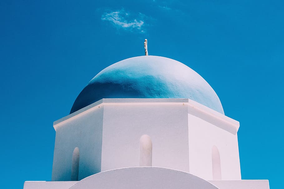 A classic blue-domed church in Greece, architecture, santorini
