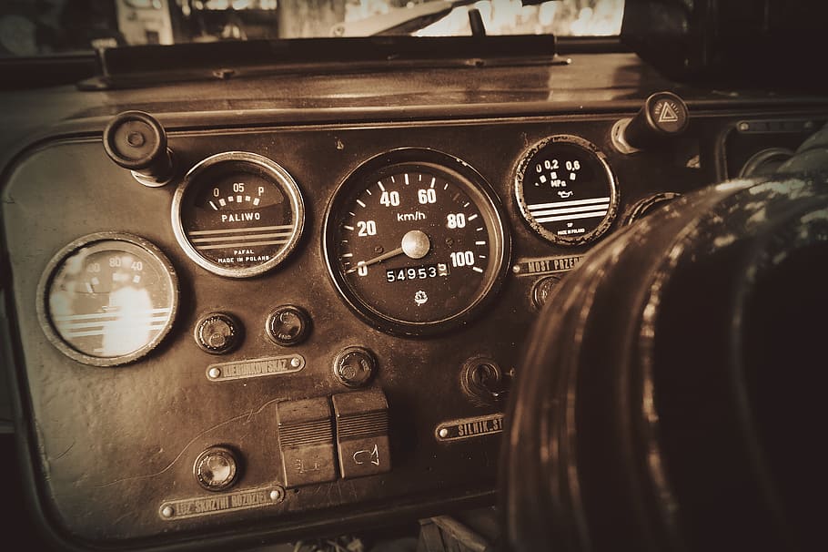 black vehicle analog instrument cluster panel, Sepia, Vehicle, Fire