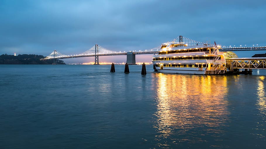 white cruise ship beside dock, bridge, river, water, reflection HD wallpaper