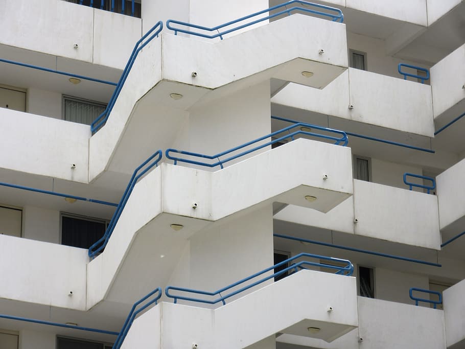 staircase, hotel, building, architecture, railing, stairs, external staircase HD wallpaper