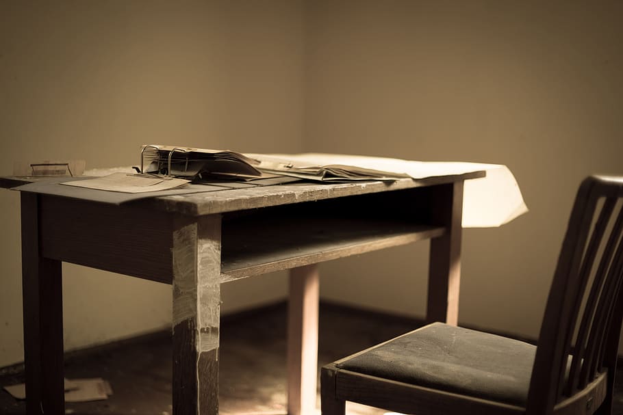 rectangular brown wooden desk and chair, table, paper, old HD wallpaper