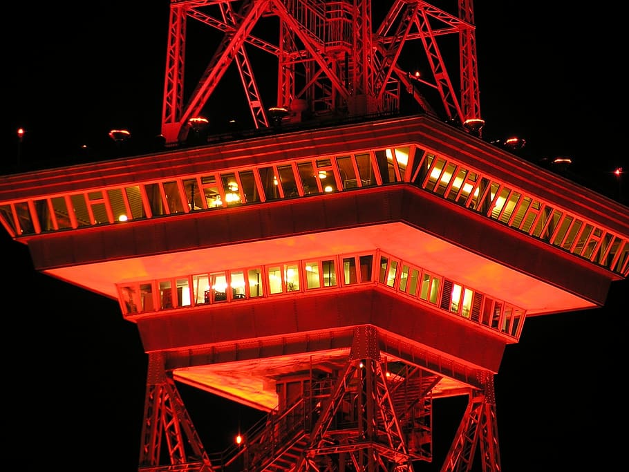 lighted building during nighttime, radio tower, berlin, red HD wallpaper
