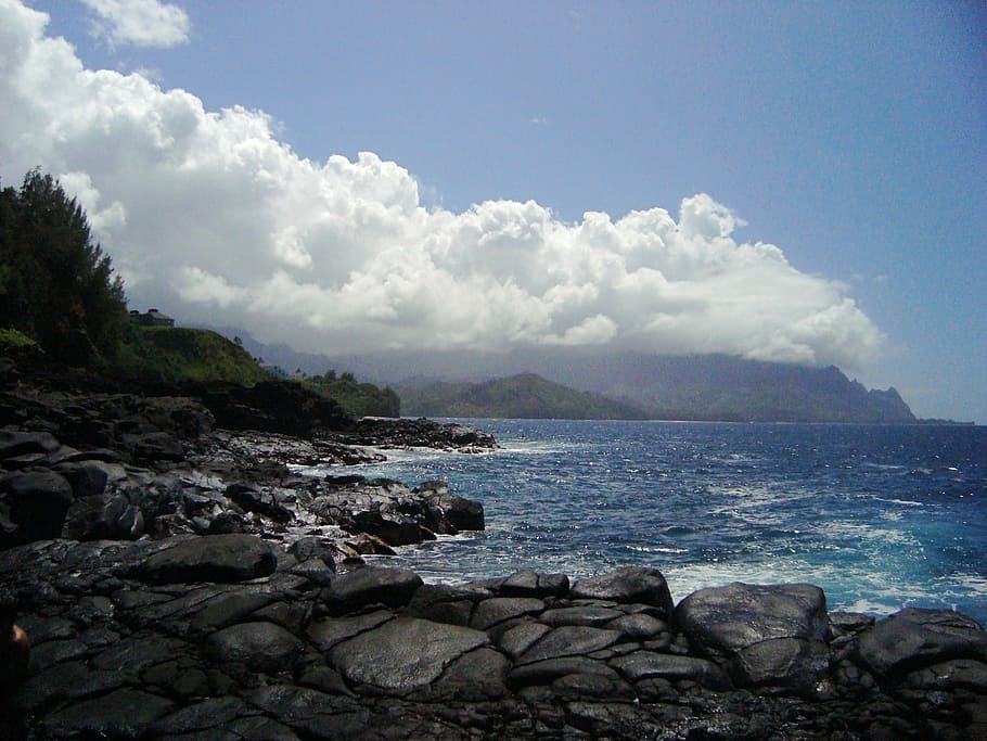 hawaii, ocean, clouds, blue, sky, shore, volcanic rock, nature HD wallpaper