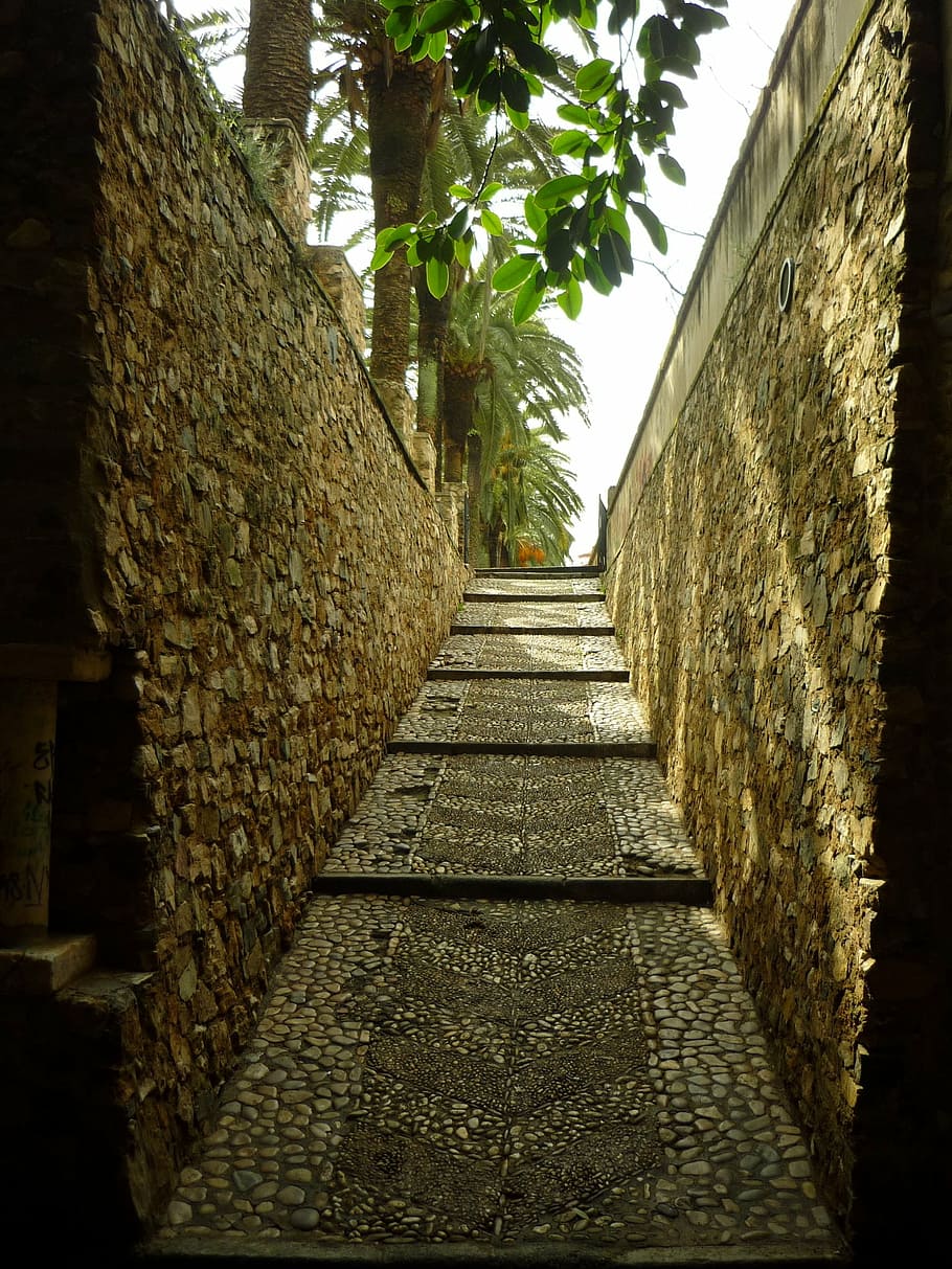 stairs, wall, baluarte, park, portillo, trees, stones, masonry HD wallpaper