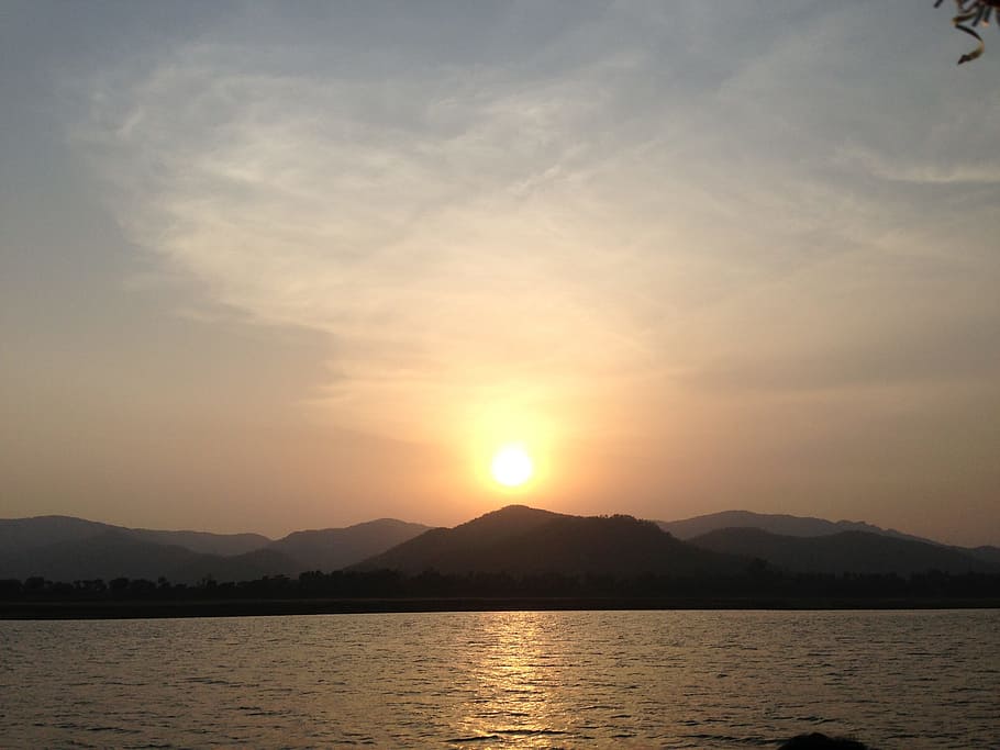 sunset, evening, river, nature, outdoor, mountain, vacation HD wallpaper