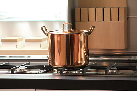 gold-colored stock pot on grey gas stove, copper, cook, kitchen HD wallpaper