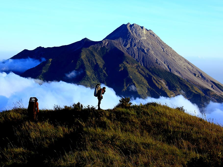 merapi, merbabu, volcano, hikers, savannah, central java, clouds, HD wallpaper