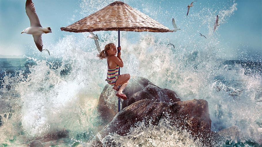 photo of woman holding patio umbrella with sea wave and flying sea birds HD wallpaper
