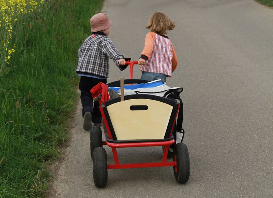 two children pulling wagon, stroller, walk, dare, personal HD wallpaper