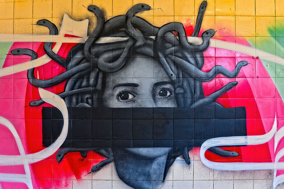 graffiti, colorful, woman, medusa, eyes, view, street art, painting, HD wallpaper