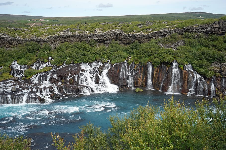 barnafoss, river, waterfall, iceland, waters, beauty in nature HD wallpaper