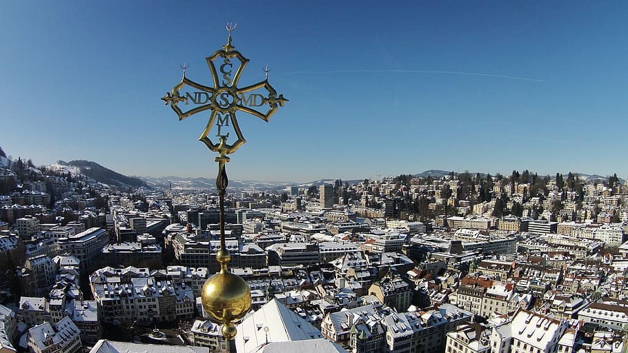 cross, cathedral, st, gallen, church, christianity, aerial, HD wallpaper