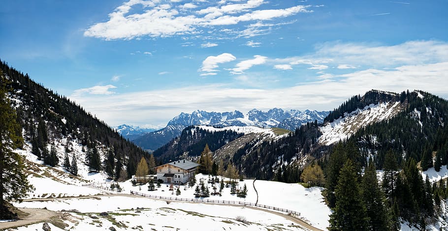 alpine, mountains, panorama, alm, landscape, snow, blue white HD wallpaper