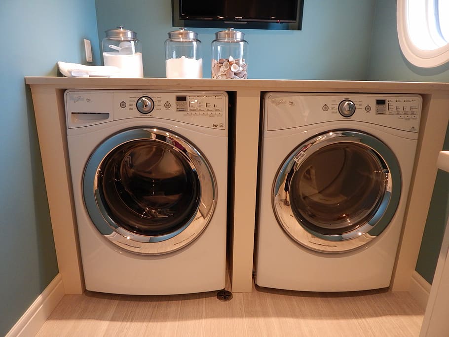 two white front-load washer and dryer set', washing machine, laundry, HD wallpaper