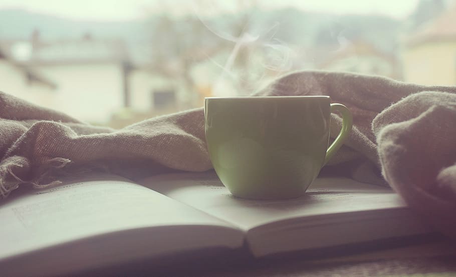 green ceramic cup on book, opened, coffee, tea, mug, reading HD wallpaper