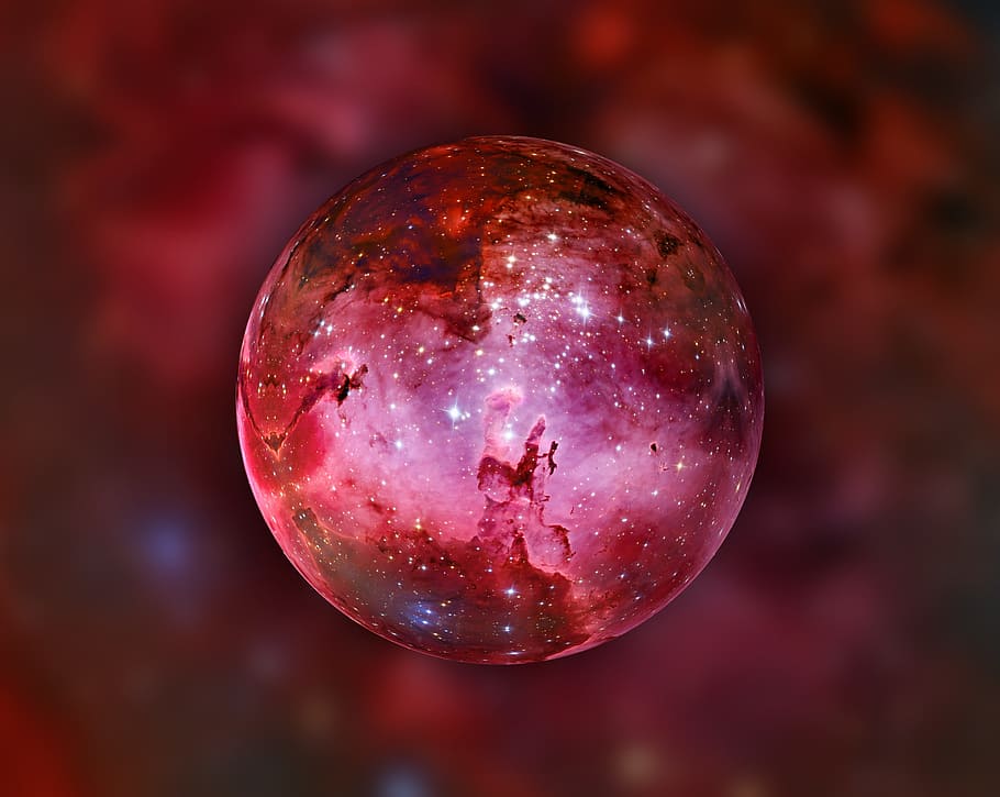 selective focus photography of red ball decor, galaxy, fog, kosmus