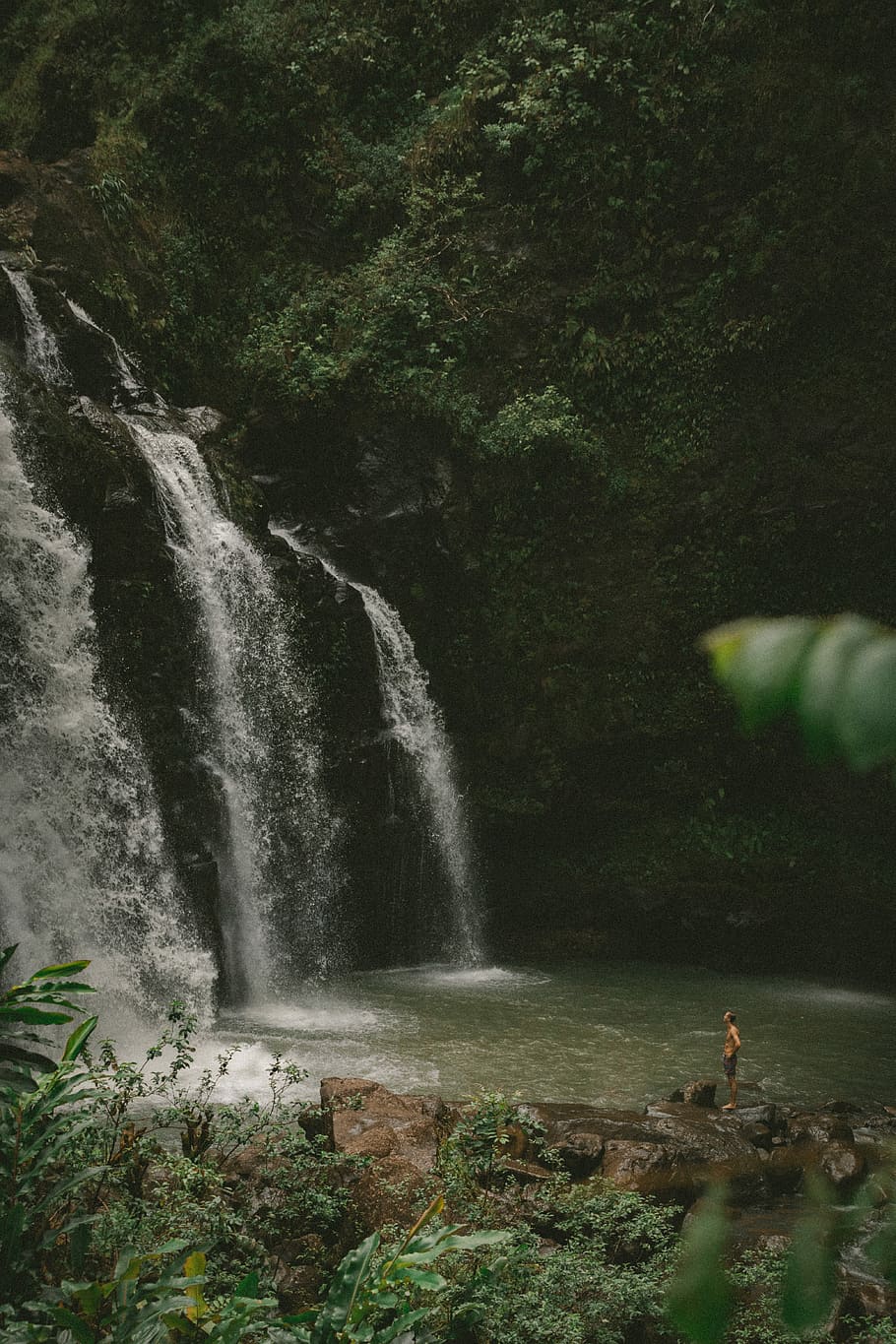 man standing on rock looking at the waterfalls, man standing in front of falls rushing in to the water HD wallpaper