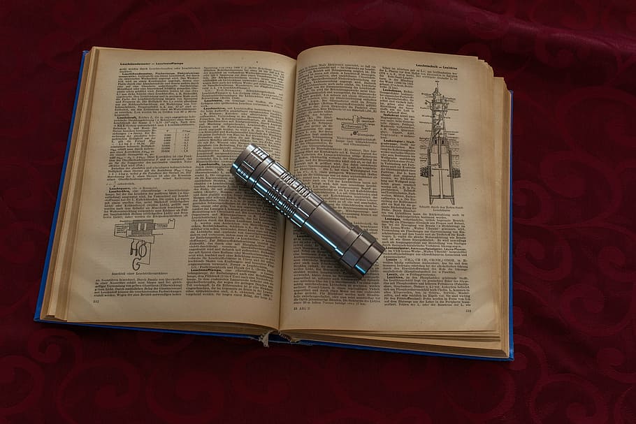 book, flashlight, close, background, metal, alu, silver, paper HD wallpaper