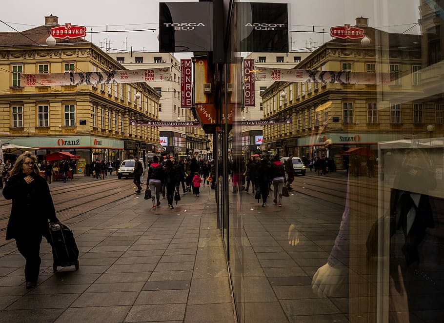 reflection, city, rush hour, store, zagreb, croatia, architecture HD wallpaper
