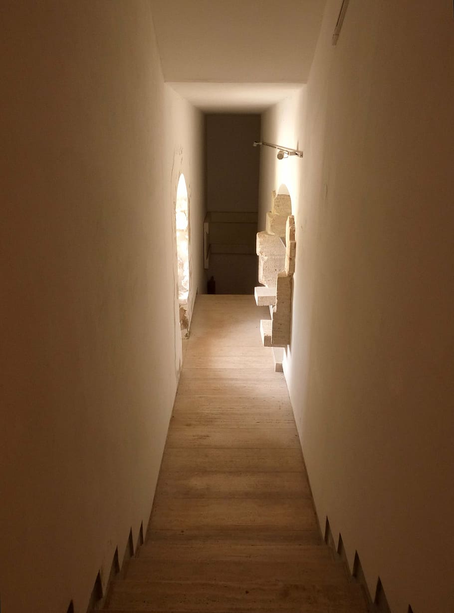 staircase, luminosity, hall, indoors, stairs, perspective, tunnel HD wallpaper