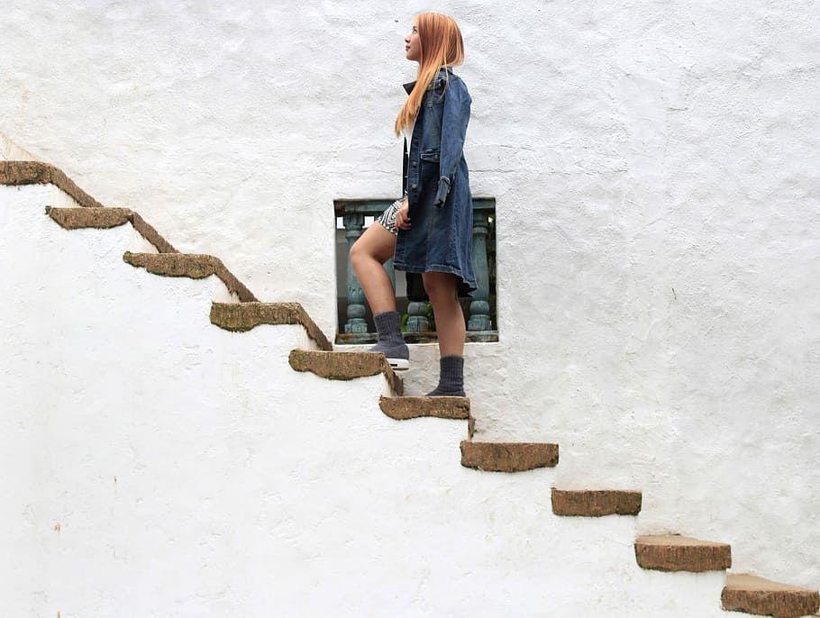 woman climbing on brown concrete stairs, women's blue denim dress, HD wallpaper