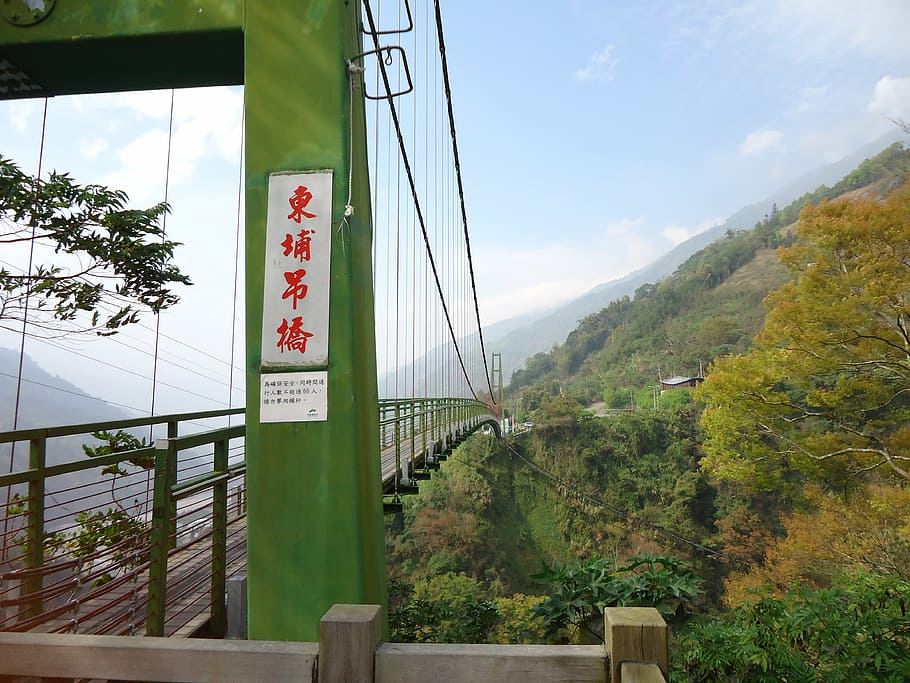 bridge, bungee, landscape, tree, plant, mountain, sky, nature HD wallpaper