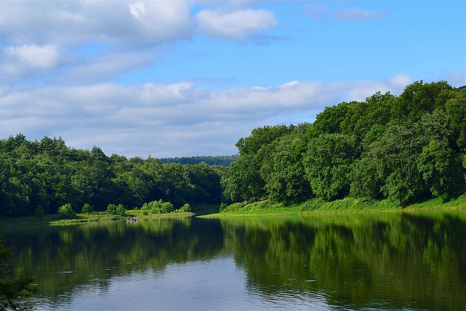landscape, lake, sky, reflection, clouds, sunlight, green, summer HD wallpaper